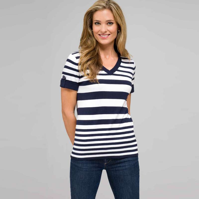Striped Sleeve V-Neck Roll Cuff Tee, , large